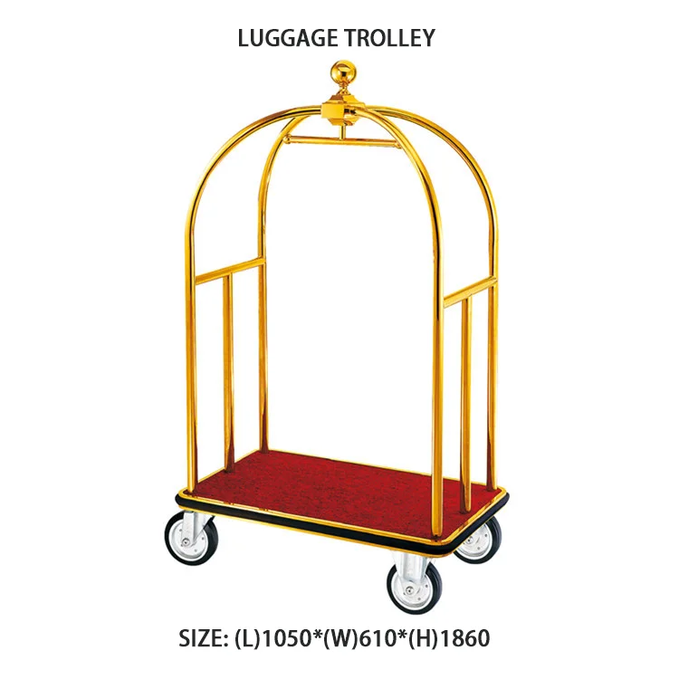Wholesale Luxury Hotel Stainless Steel Birdcage Luggage Trolley Four Wheels Golden Luggage Cart Trolley