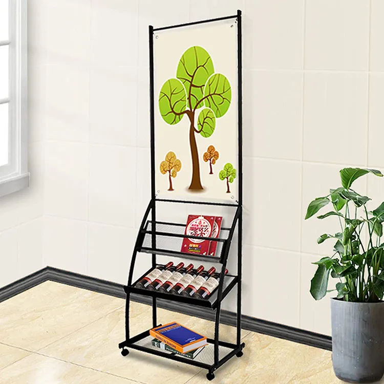 JH-Mech Poster Sign Display Stand Portable Rolling Literature Magazines Rack with 3 Pockets Large Metal Floor Sign Holder Stand