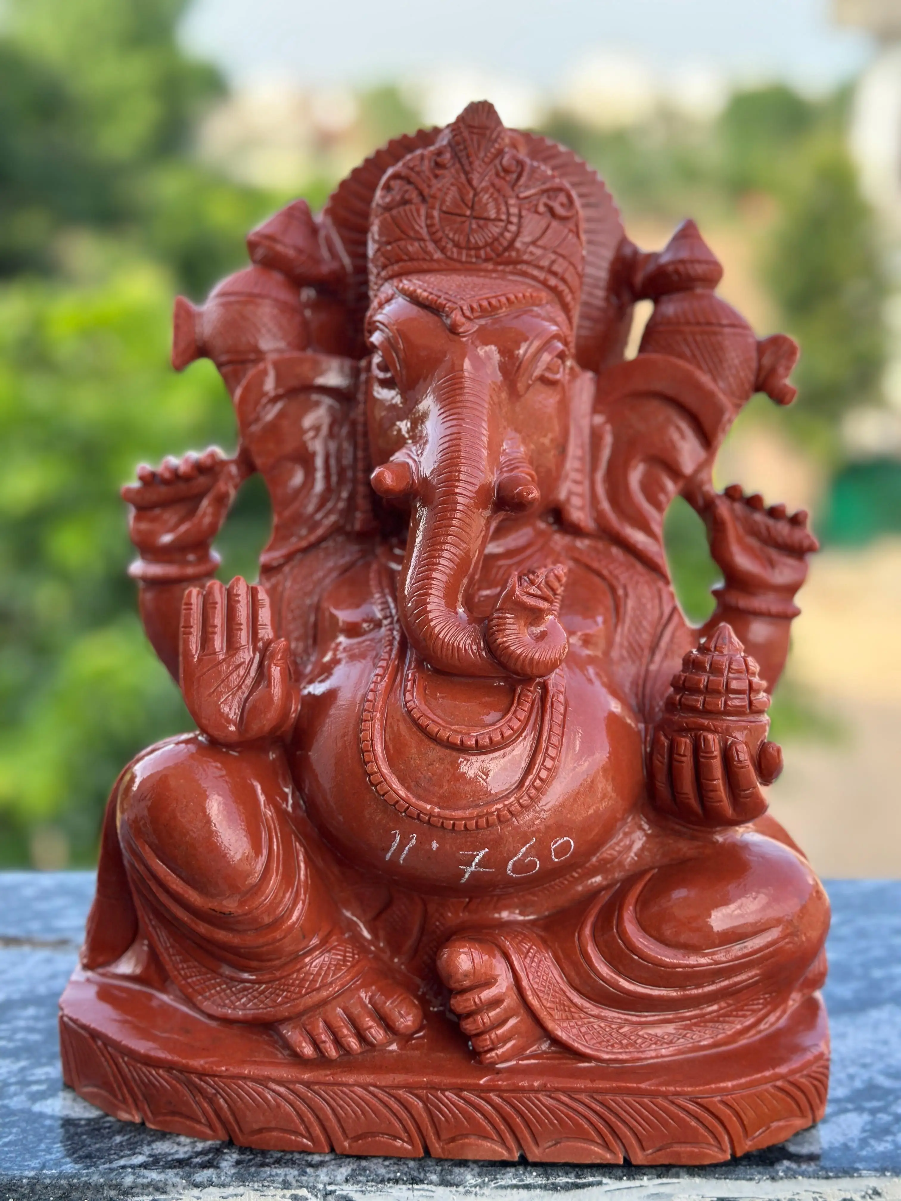 Handcrafted Red Aventurine Ganesha Carving Artistic Hindu Spiritual Healing Sculpture Natural Crystal Semi-Precious Jasper Stone
