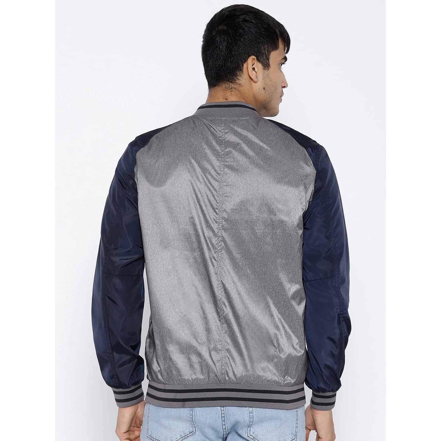 Custom Satin Bomber jacket Men Grey & Navy Solid VarsityJacket wool body baseball varsity jackets