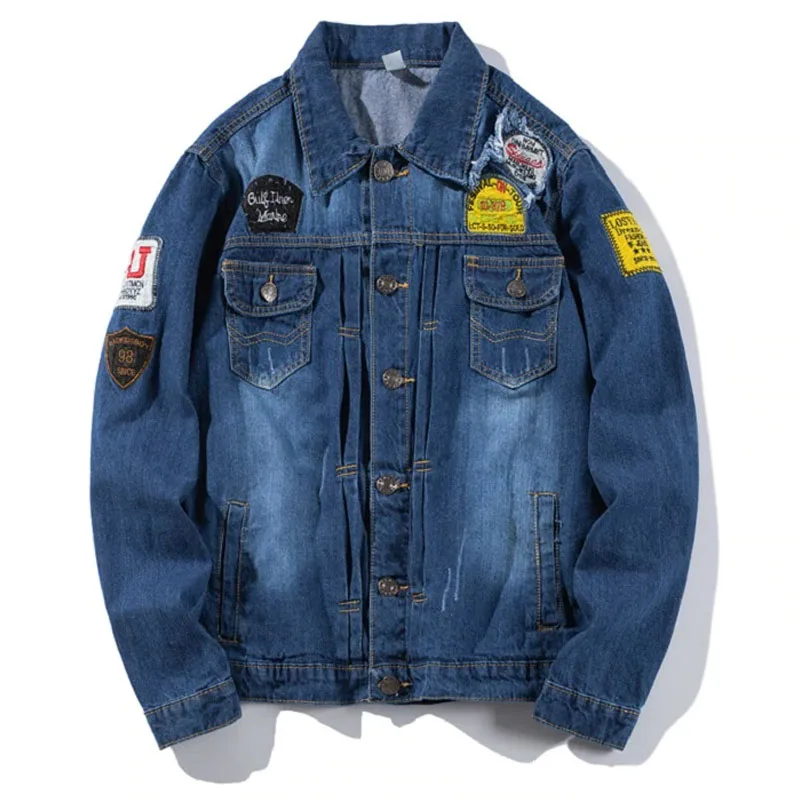 Spring Autumn Men Denim Jacket Turn-down Collar Single Breasted Hole Coats Male Casual Slim Cowboy Outwear Jean Jackets