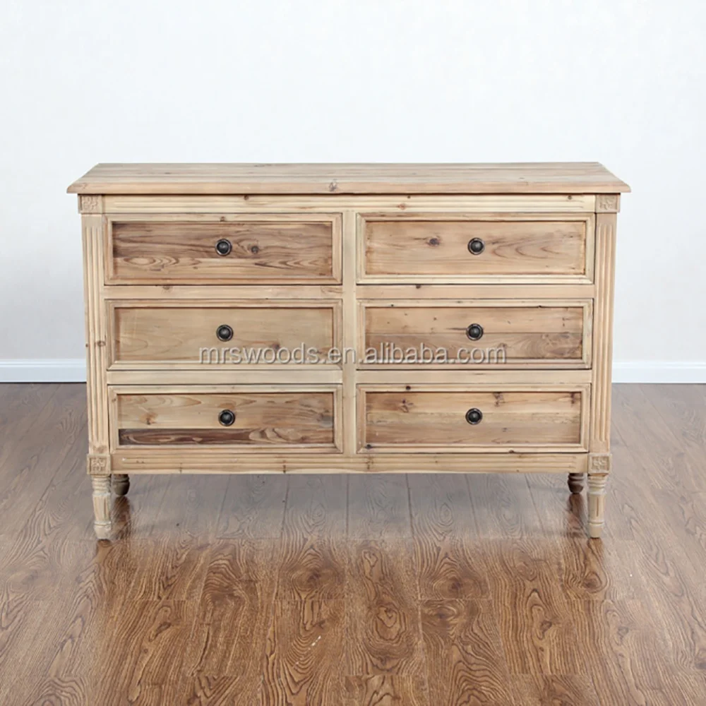 MRS WOODS Living Room Furniture Classic Large Rustic Reclaimed Wood Chest Of 6 Drawers Dresser Storage Cabinet