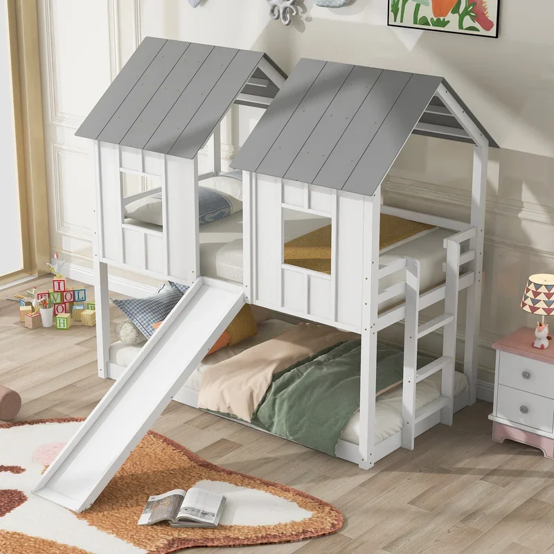 GOODFRIENDSHIP Double Roof Bed with Slide, Twin Over Twin Bunk Bed with Windows and Roof, Ladder and Guardrails