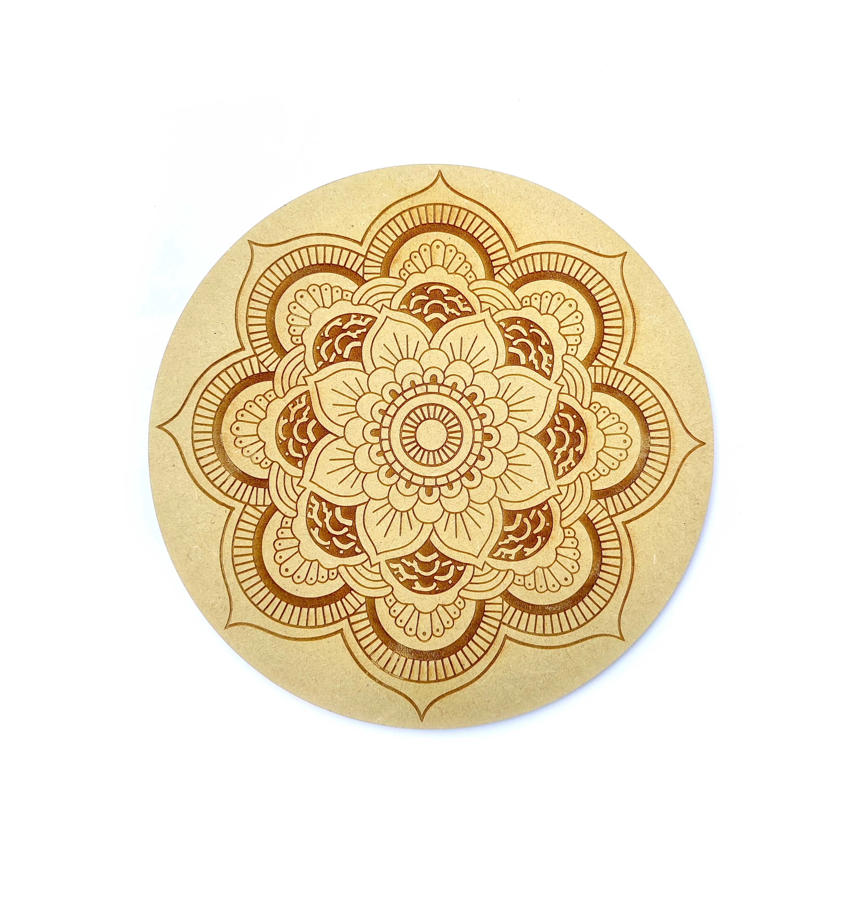 Round Wooden MDF laser Etched Yoga Man with 7 Chakra in Body and Flower Of Life Spiritual Religious Design Sacred Geometry