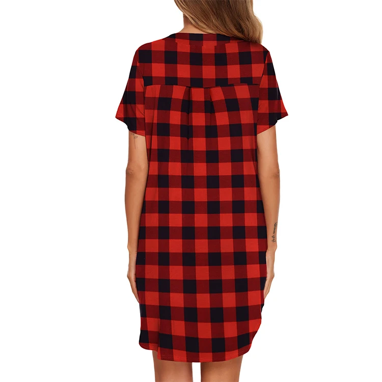OEM Wholesale Plus Size Women Loungewear Summer Short Sleeve Button Down Red Plaid Christmas Sleepwear Night Dresses For Woman