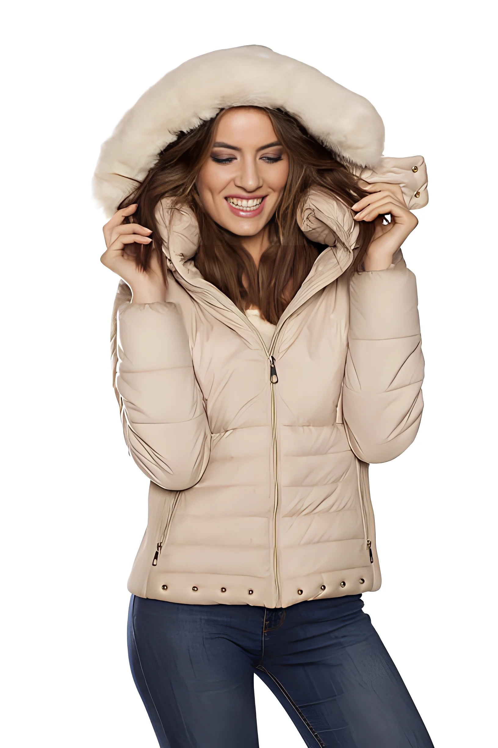 Custom Winter Girl Long Plus Size Down Coat Ladies Belt Padded Thick Warm Fur Hooded Women Parka