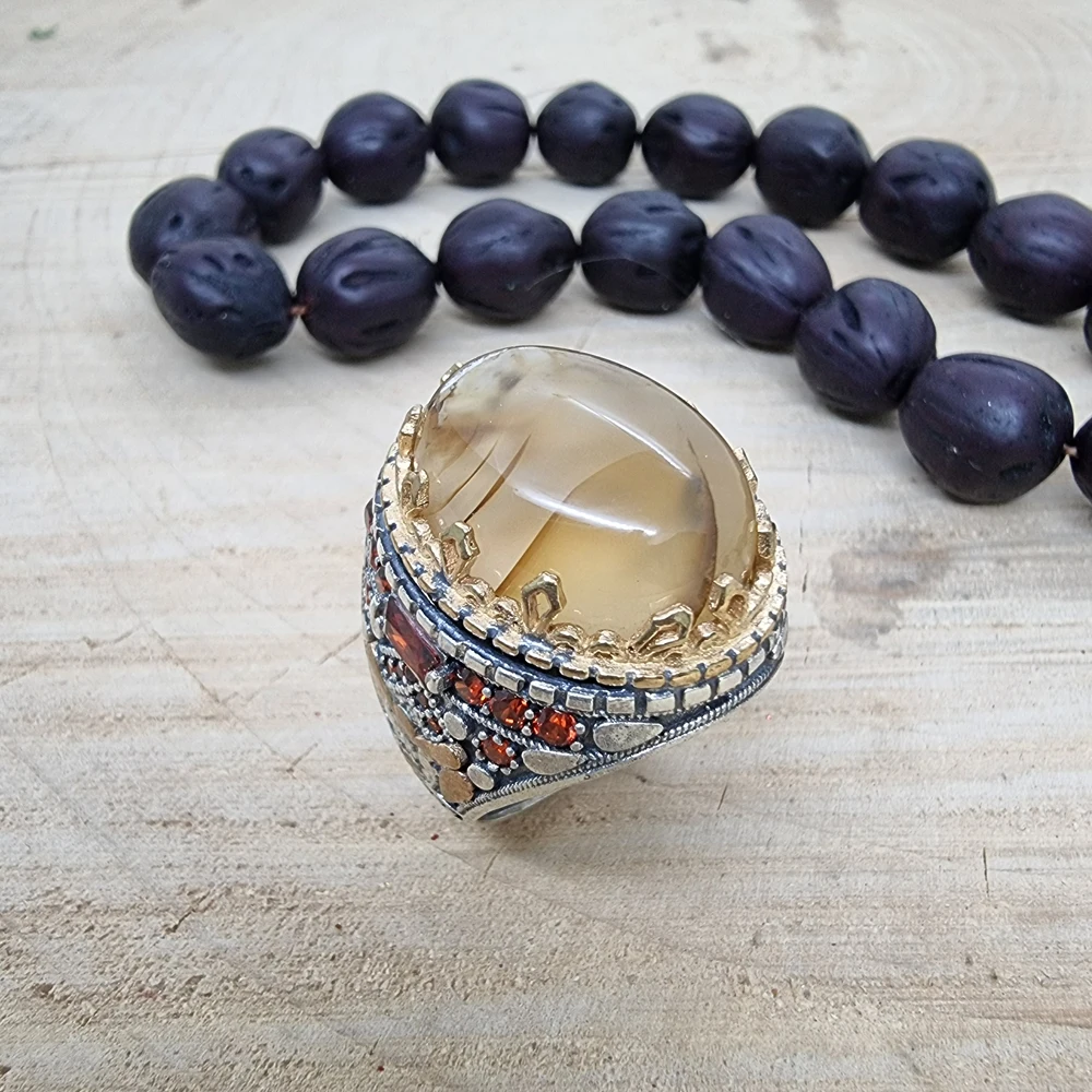 925 Sterling Silver Yemen Aqeeq Ring Turkish for Men Trendy Ring Accessories Gift for Man Traditional Sulemani Men Ring