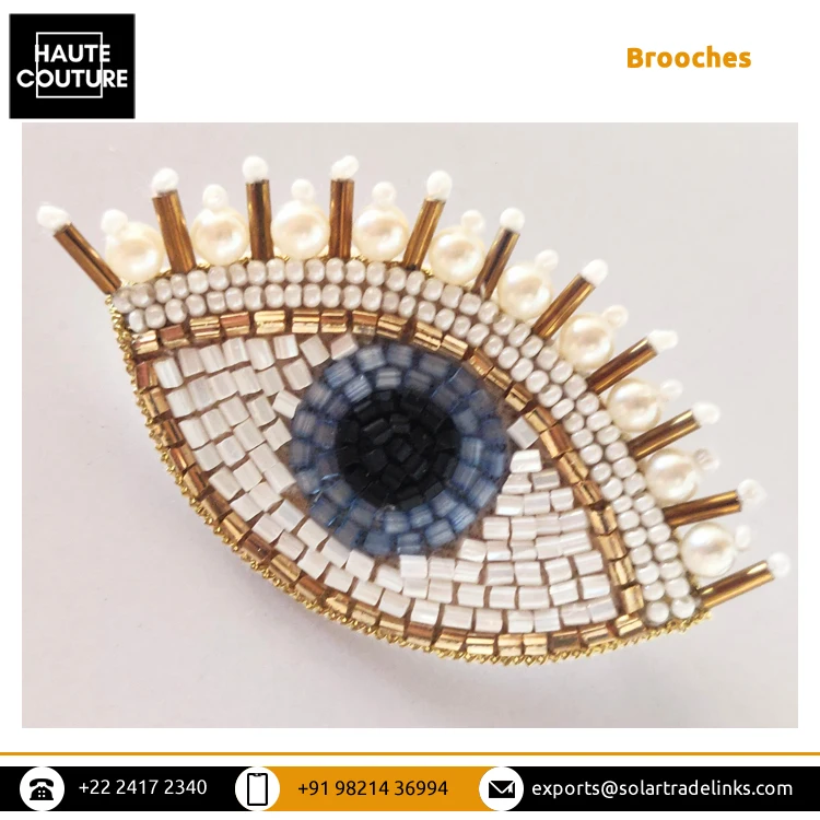 Best Handmade Jewelry Supplier of 7cm Wide Designer Eye Design Patch White Color Hand Embroidered Beaded Brooches for Sale