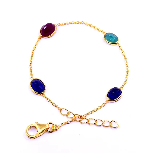 Everyday Wear Sterling Silver 925 Gold Plated Emerald Ruby Sapphire Adjustable Chunky Chain Bracelets