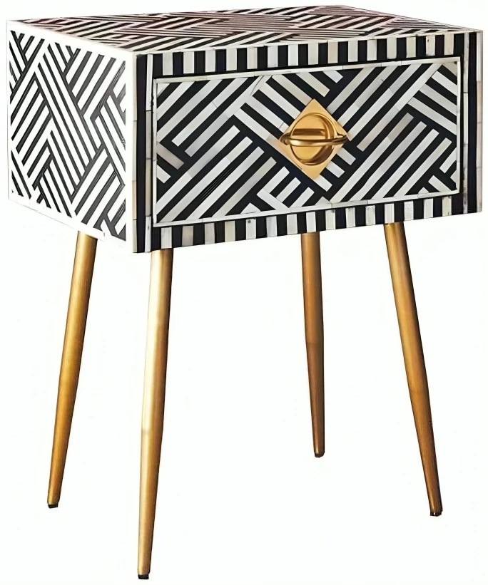 Bone Inlay Bedside Table Black Striped with 1 Drawers Nightstand-Modern Design-Easy Assembly-End Furniture by Blue moon exports