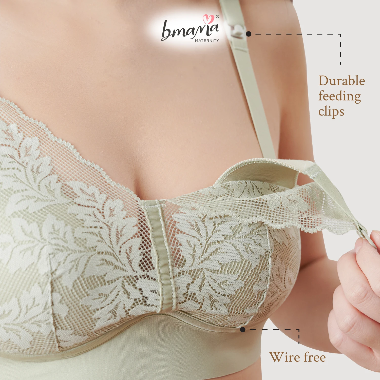 Floral pattern green color adjusted-straps clips durable cotton bra Bmama The Grace High Quality Silk Lace Nursing Bra