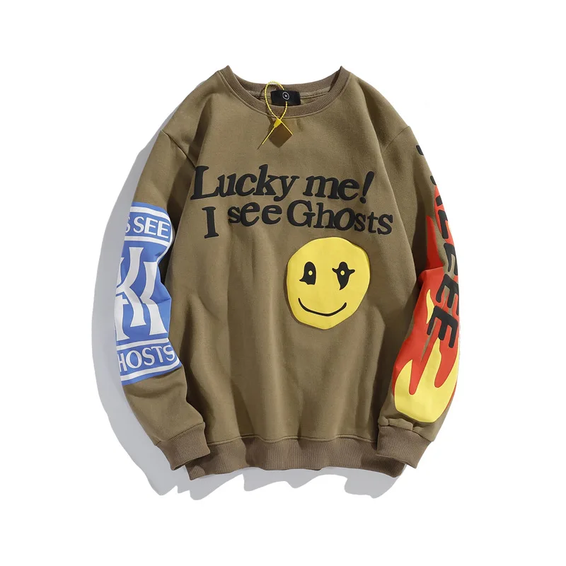 Kanye Kanye Men and Womens Hip Hop Foaming Smiley Face Graffiti Print Crew Neck Sweater for Couples