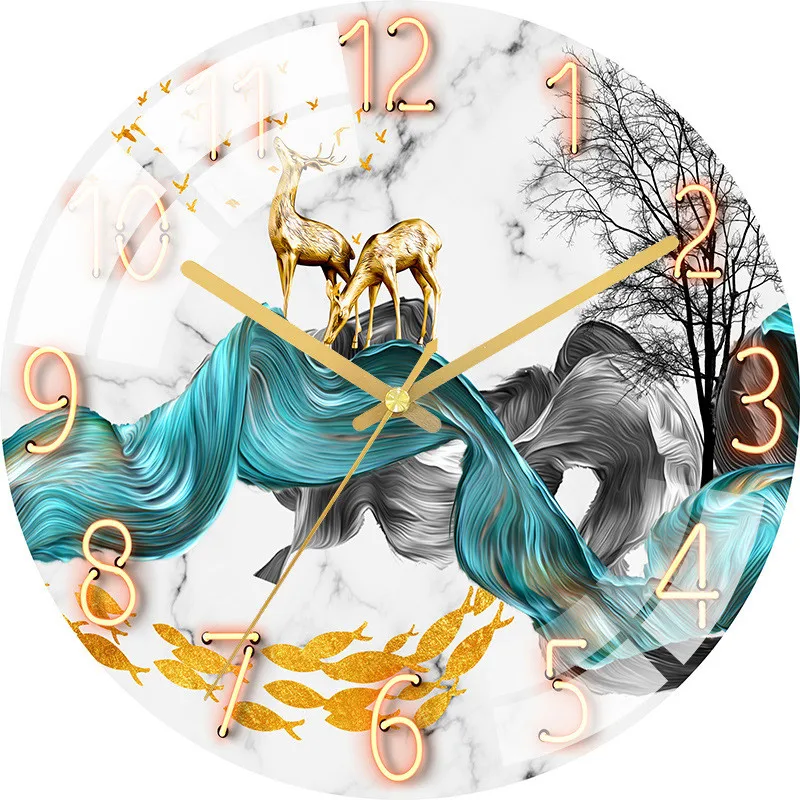 Gold Elk Clocks Wall Clock Living Room NordicHousehold Fashion Glass Punch-free Light Luxury Silent Watch Simple Mute Quartz