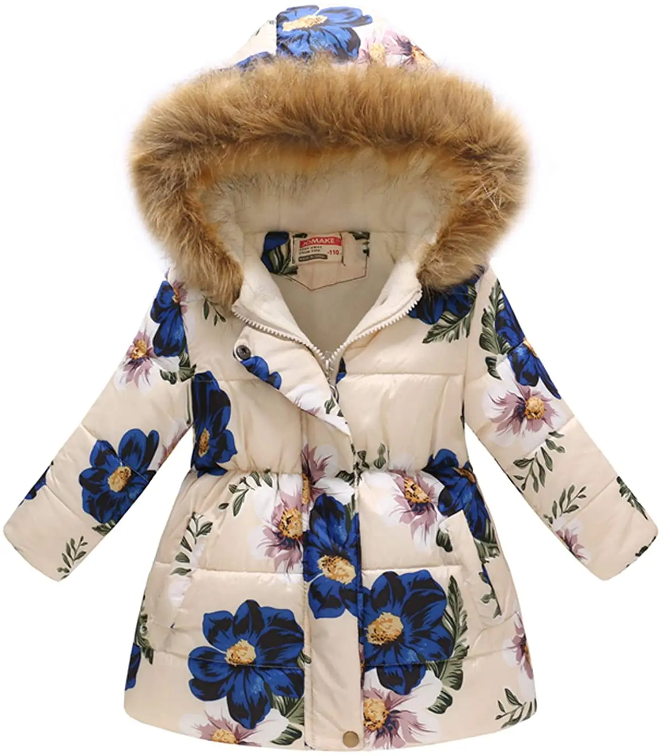 custom Wholesale OEM high quality full print kid winter coat girl with fur hood full pattern print fur hood girls kid sets