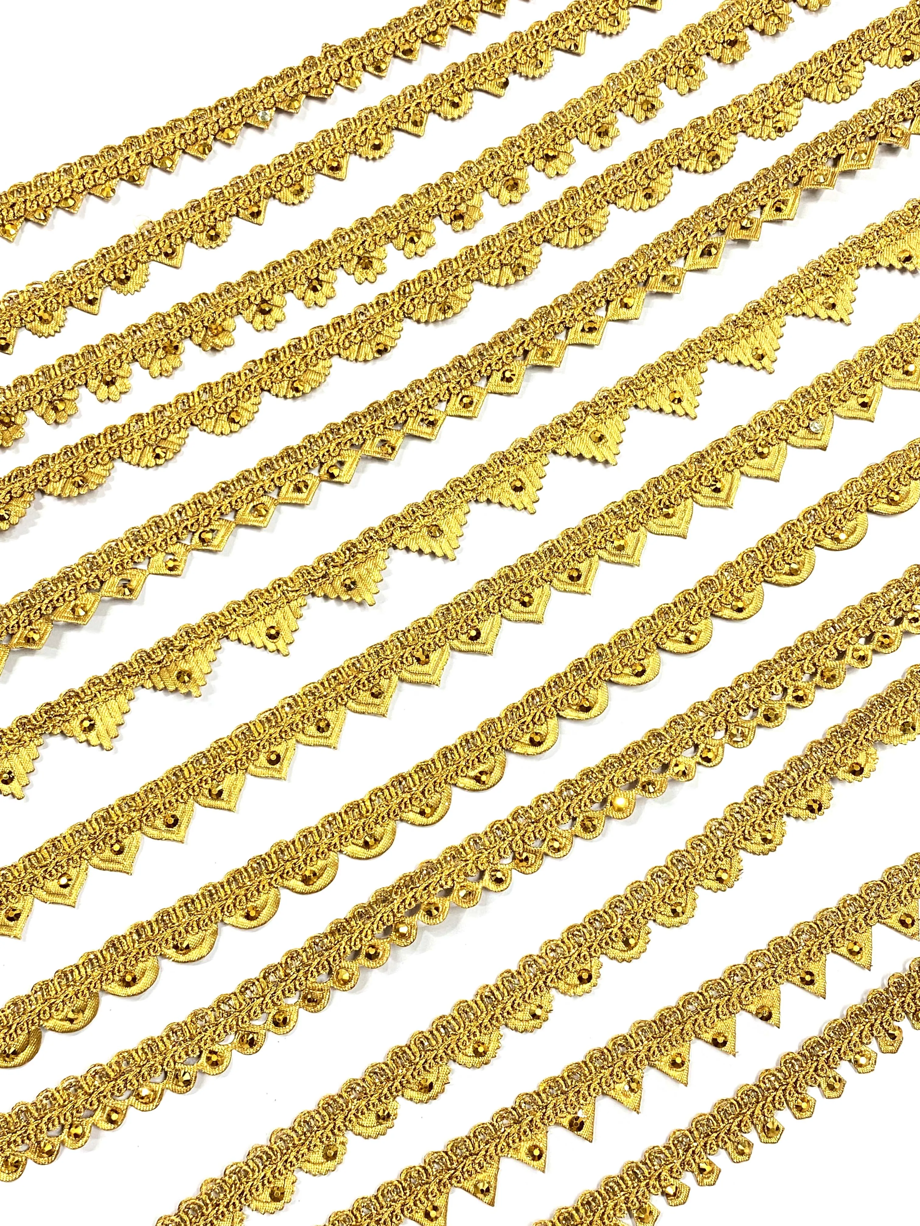 Ethnic Indian Stone Golden Fabric Lace Trim Border Craft Sewing Accessory Clothing Fabric Ribbon Fringes Braided