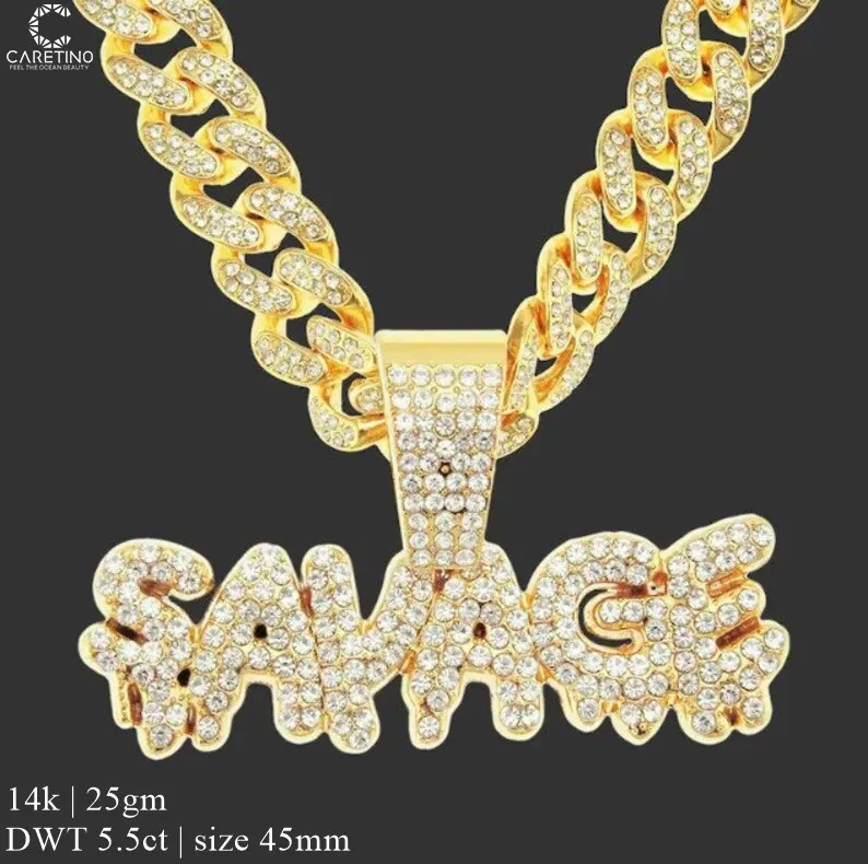 14K Yellow Gold Finish 925 Silver Pendant with Moissanite Diamond Savage Letters Solid Gold Hip Hop Style for Gift