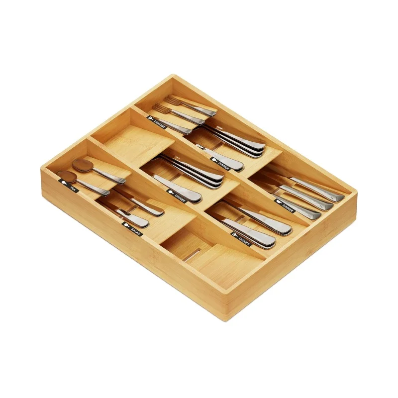 Bamboo Silverware Drawer Organizer with Labels, Kitchen Utensil Tray Holder Organizer for Flatware, Cutlery, Spoon and Knife
