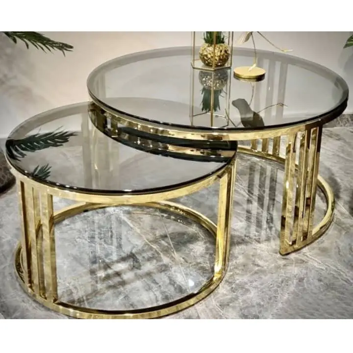 Round Nesting Coffee Table Gold Metal Side Glass Marble 2 Pieces Tea Coffee Table Set Middle Center Table
