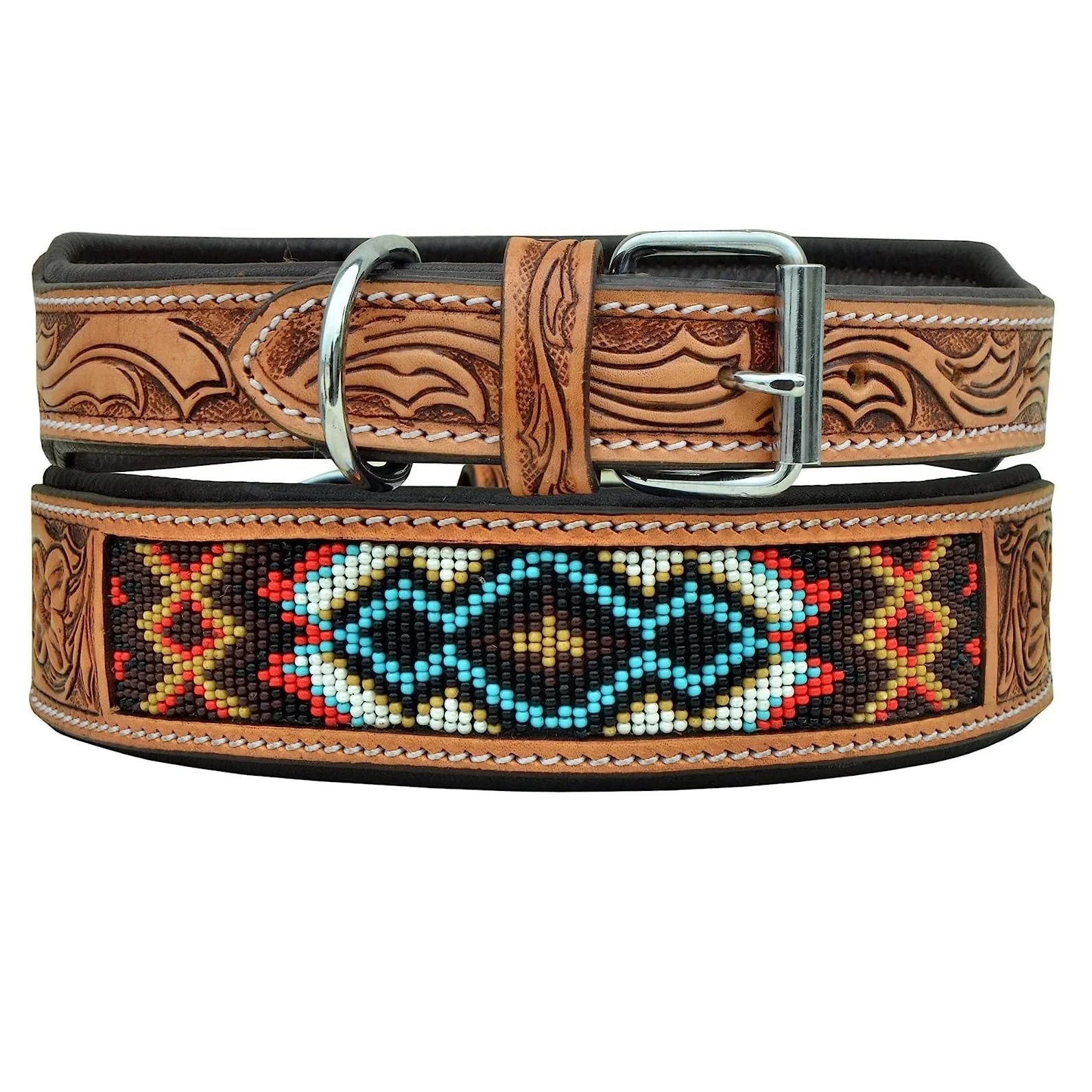Multi Colored Beaded Soft Padded Dog Collar With Hand Tooling Dog Belt Carving Cow Leather Dog Collar Manufacturer