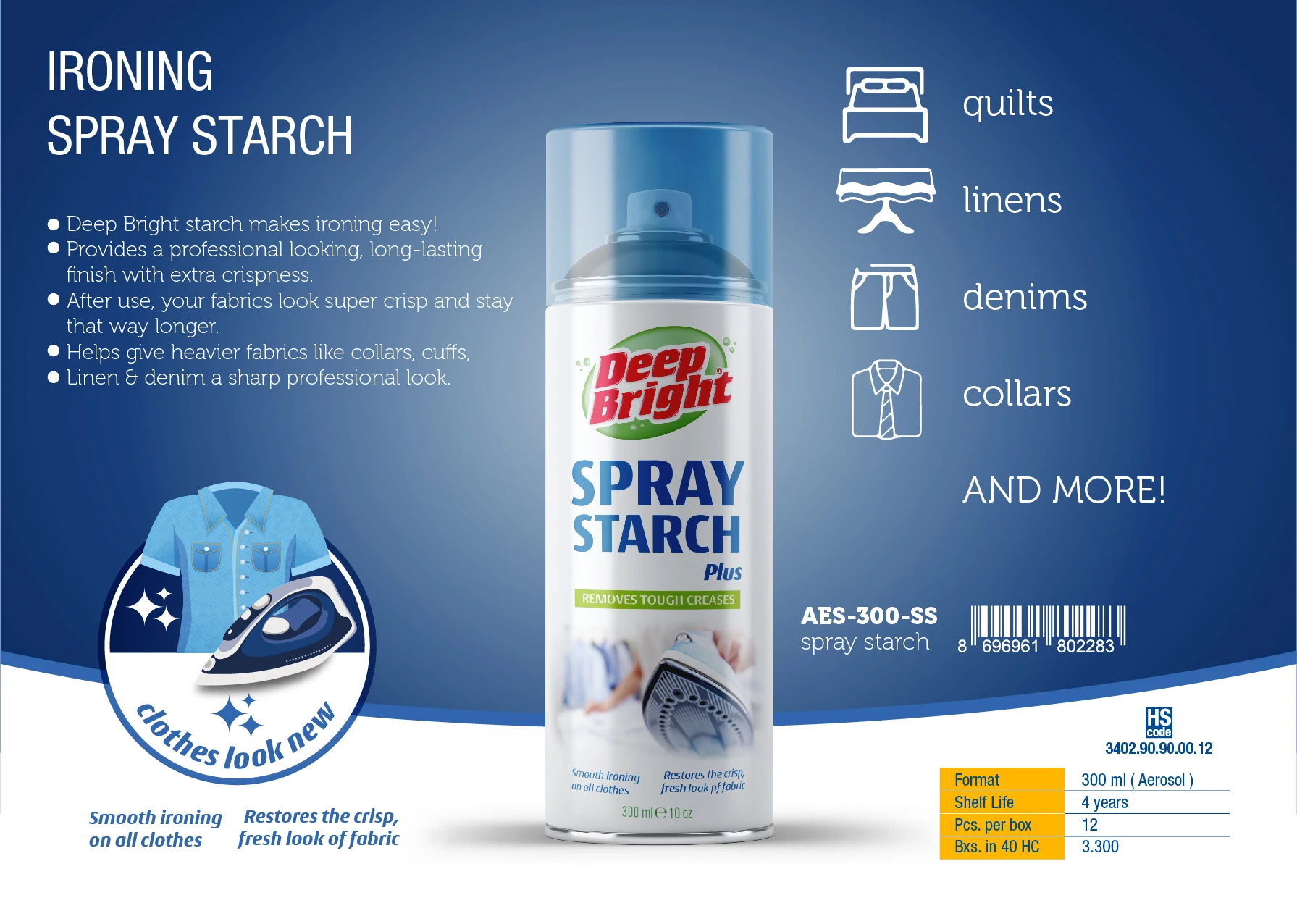 EASY IRONING Spray Starch Aerosol 300 ml wrinkle removal speed starch