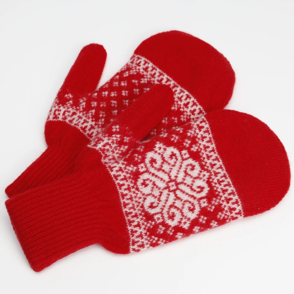 Unisex Winter Red Gloves Mittens with Christmas Snowflake Design Pure Natural Mongolian Cashmere Wool Knitted Style Wholesale