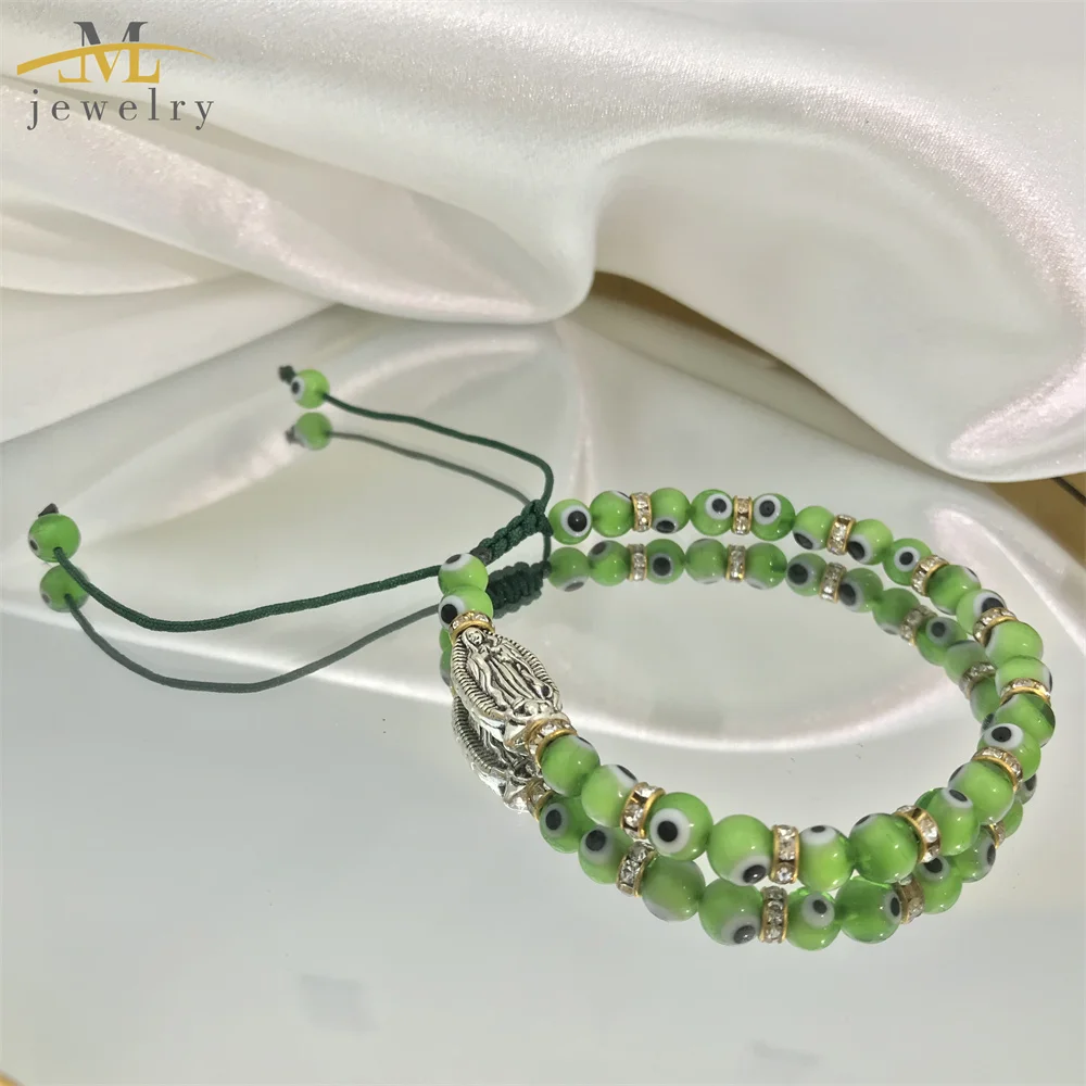 Jml Green String Virgin Mary Adjustable Rope Bracelet Good Luck Murano Glass Turkish Eye Evil Eyes Bead Bracelet for Women