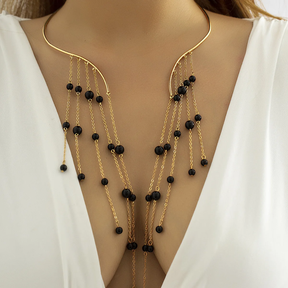 PASUXI Fashion Jewelry Retro Long Tassel Open Punk Collar Pearl Choker Neck Chain Collar Necklace for Women