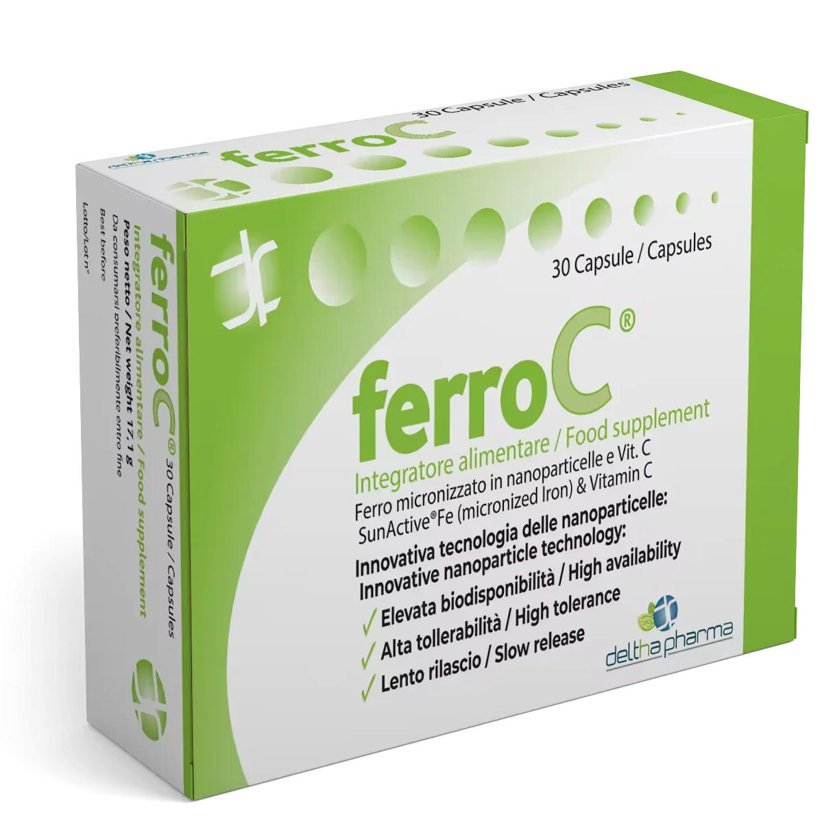 Iron and Vitamin C food supplement made in Italy top quality Deltha Pharma FerroC