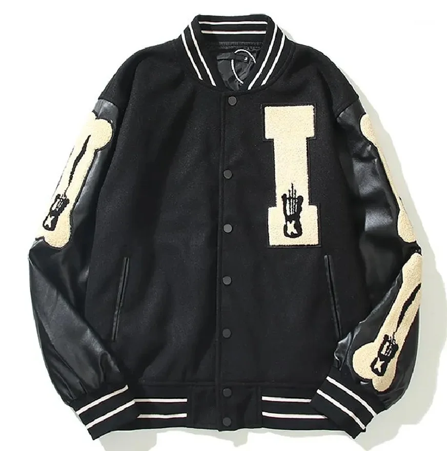 New 2024 wholesale mens clothing Embroidered Baseball Jacket Women Leather Varsity Bomber Jackets skeleton print mens jackets