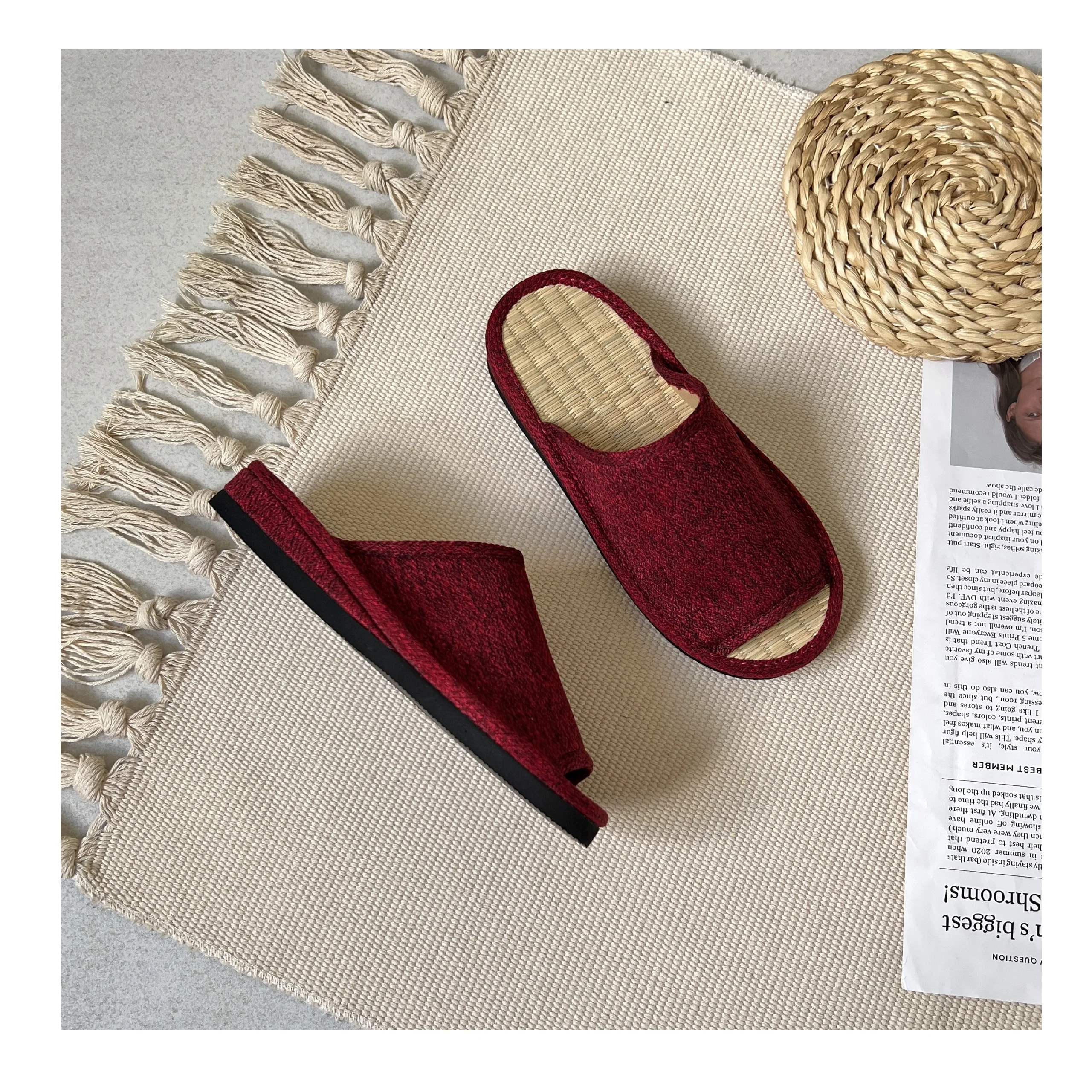 Cushioned Seagrass Water Hyacinth Canvas Genuine Leather Slippers All Platform Wood Fur Plush Natural Color Summer Use Home