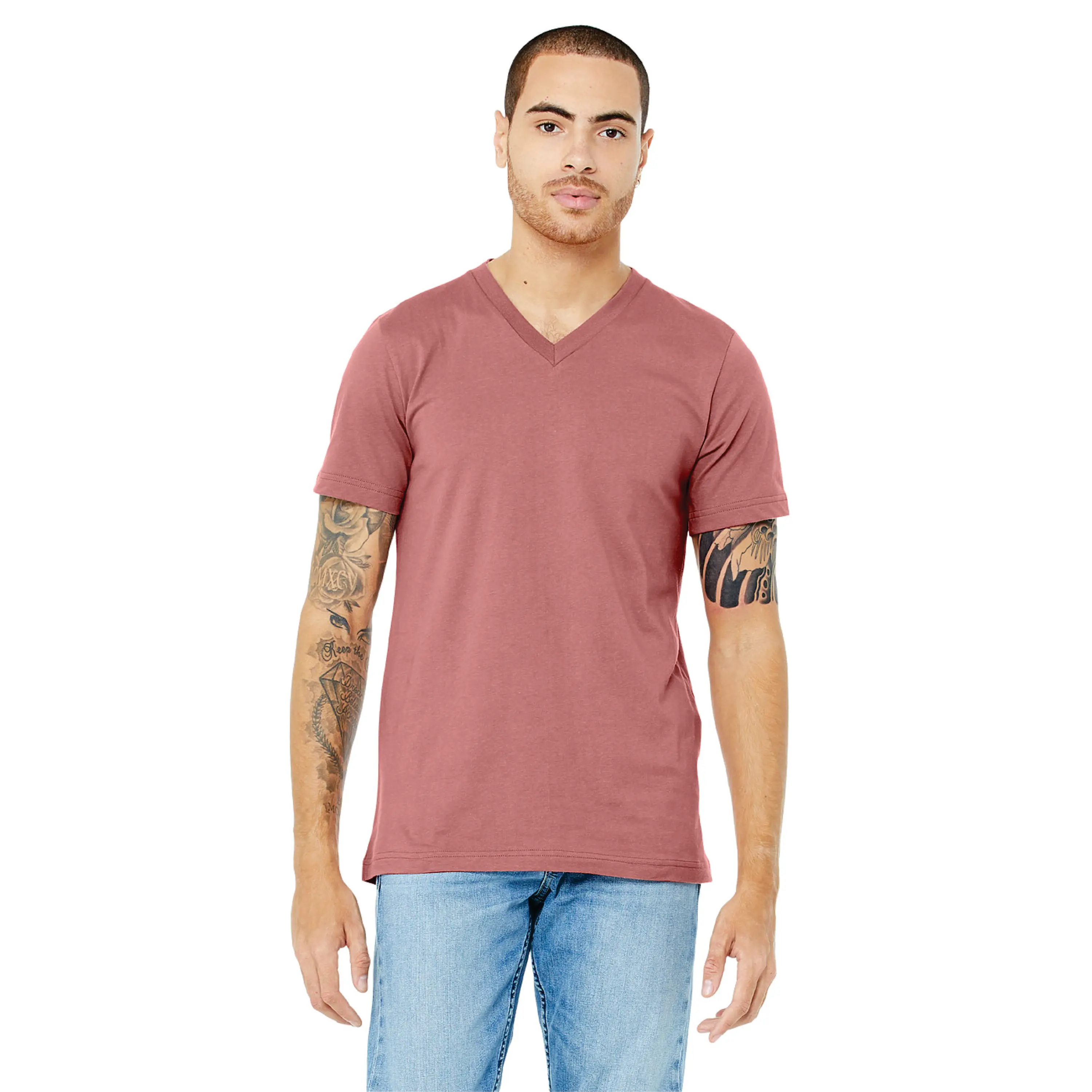 100% Airlume Combed and Ring Spun Cotton 32 Single 4.2 oz Mauve Essential Unisex Jersey Short Sleeve V-Neck T-Shirt