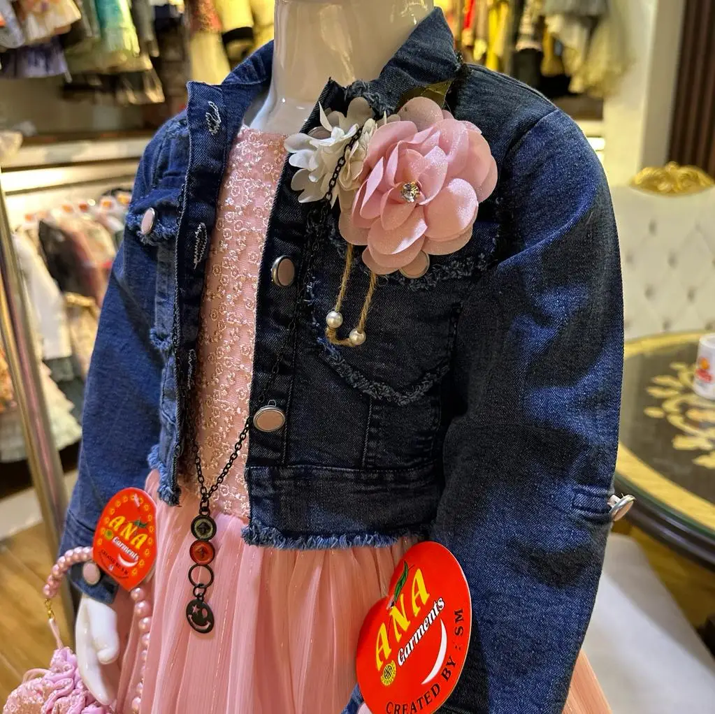 Kids new 2024 fashion frock wth denim jacket latest party wear baby dress with handbag
