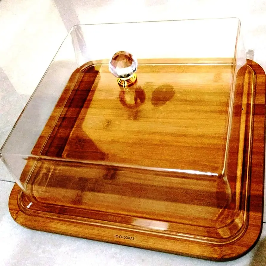 Home Decoration Vintage square shaped Rotating Cake Stand with Dome Plate with Glass Lid Cake Holder with Clear Cover