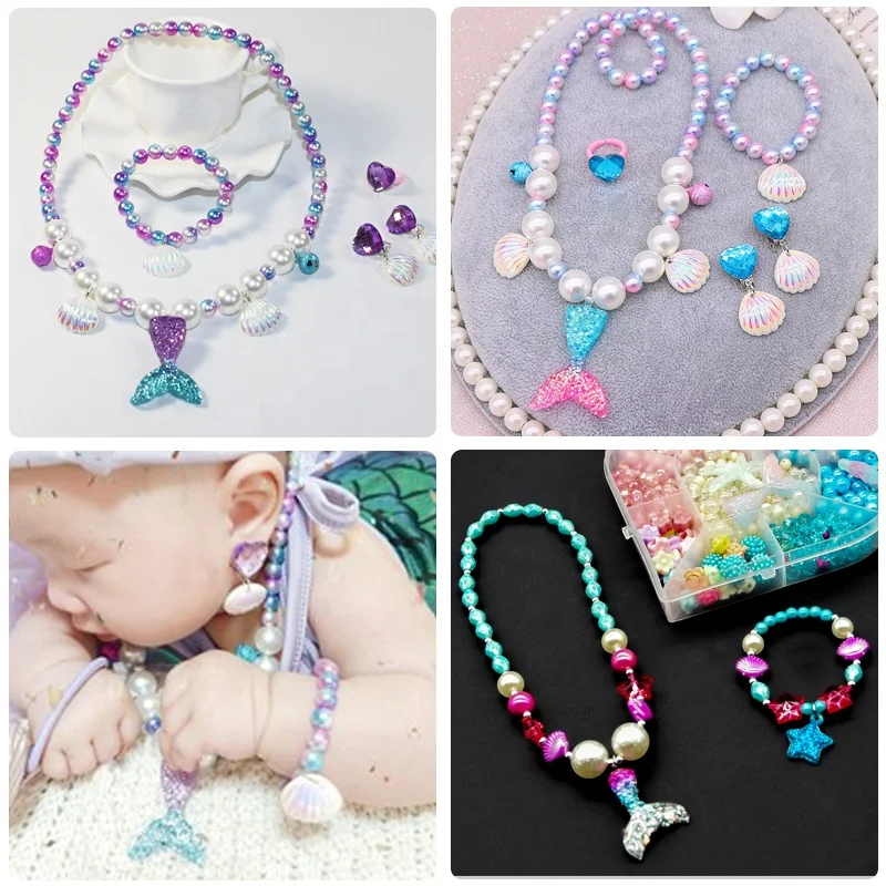 Hot Selling Kid Cartoon Seashells Plastic Acrylic Alphabet Letter Mermaid Color Faux Pearl DIY Beads For Bracelet Making Kit
