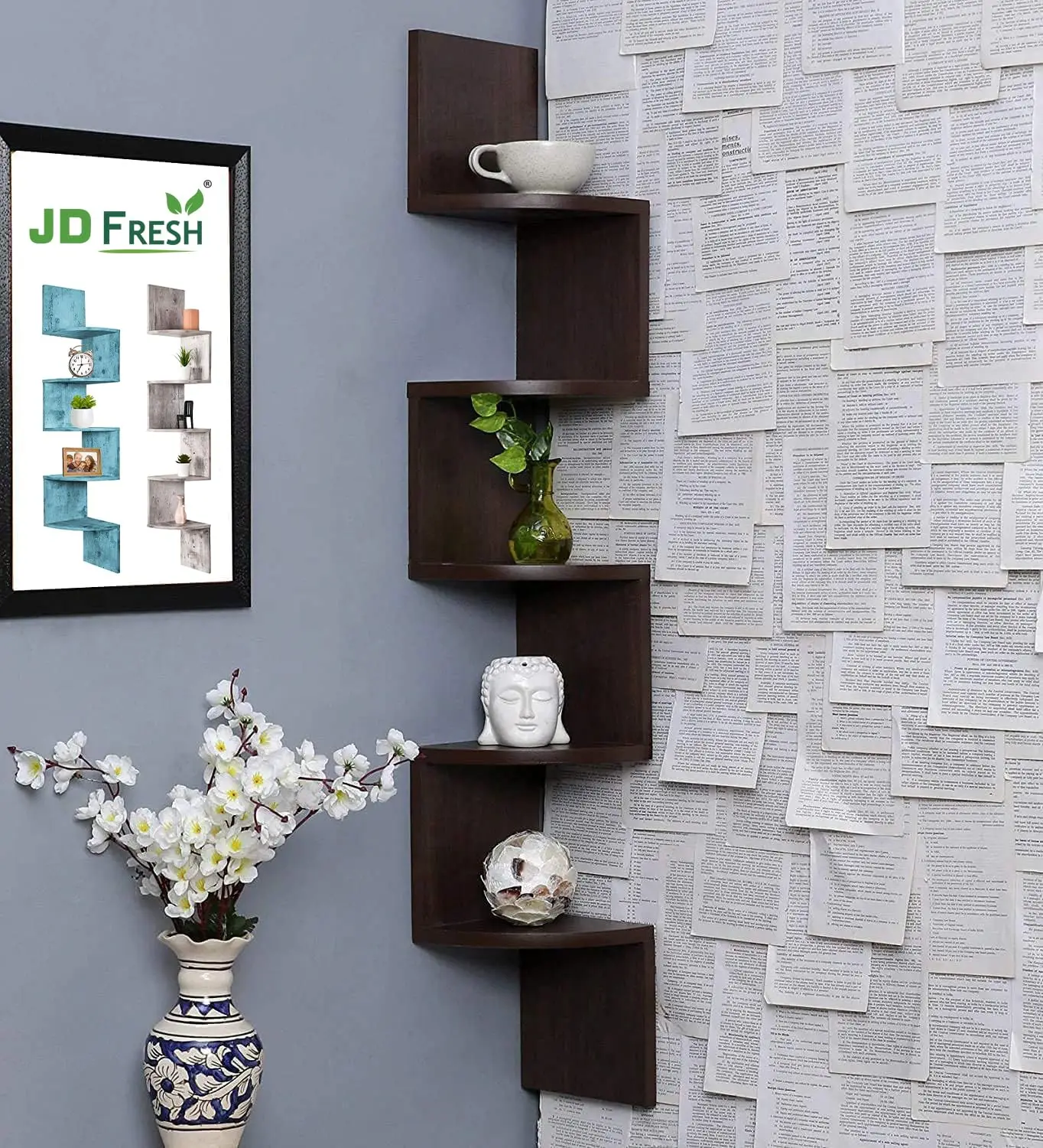 Wooden Wall Shelves | Corner Hanging Shelf for Living Room Stylish | Zig Zag Home Decor Floating Rack Storage Organizer 5 tires