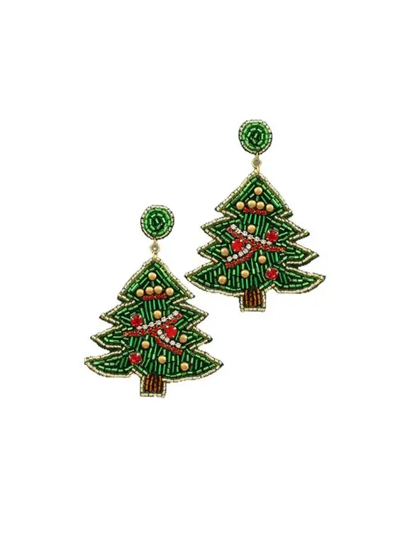 Fashionable Festive Christmas Tree Design Earrings Seed Bead Embroidery Accessory Featuring Star Pattern Stones-Diamond Pearl