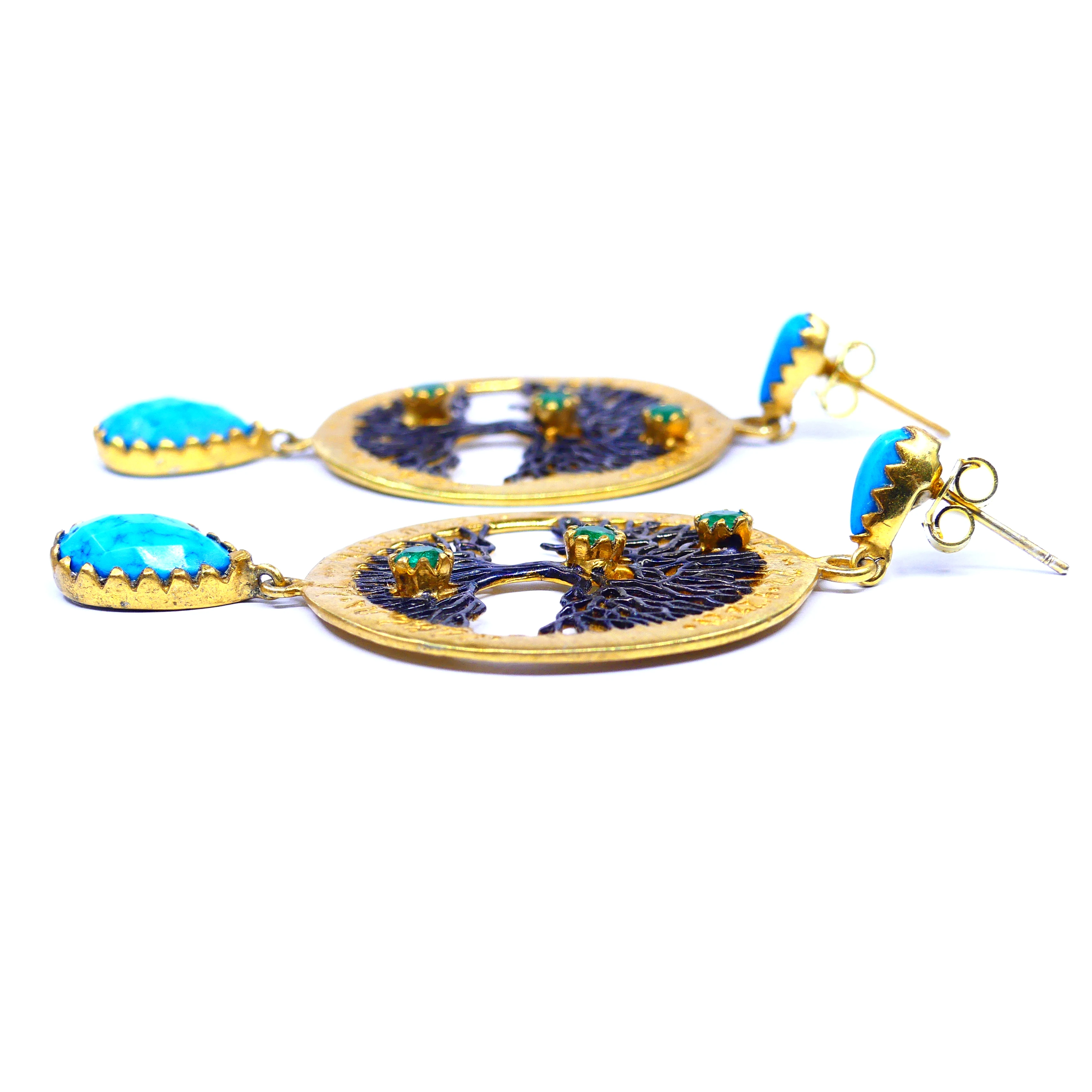 Sterling Silver 925 Oxidized Turquoise Emerald Gemstone Gold Plated Unique Elegant Women Wear Tree Earrings