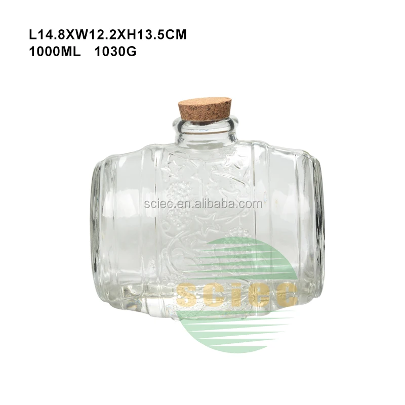 Custom 1L drum shape glass wine barrel beer barrel alcoholic beverage jar with faucet and wooden base