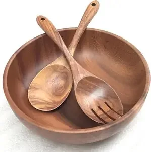 Acacia Wood Salad Bowl Set with Steel and Glass Fork and Spoon for Party Serving and Mixing Fruits Salads Cereal and Pasta