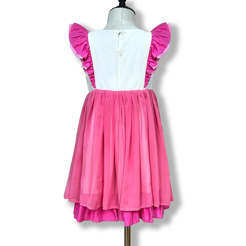 Beautiful girls in hot night pink dress for chiffon dress with unicorn hand embroidery girls dresses