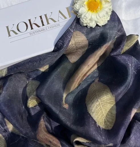 Wholesale Premium Blue High Quality Leafy Ecoprinted Ocean Pure Silk Sustainable Scarf for Women