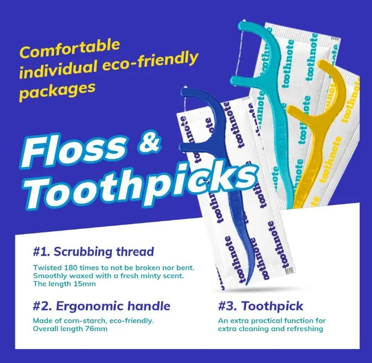 Toothnote Portable Dental Floss Picks, Tooth Picks, Eco-Friendly High Toughness Biodegradable Floss Sticks Individual Package