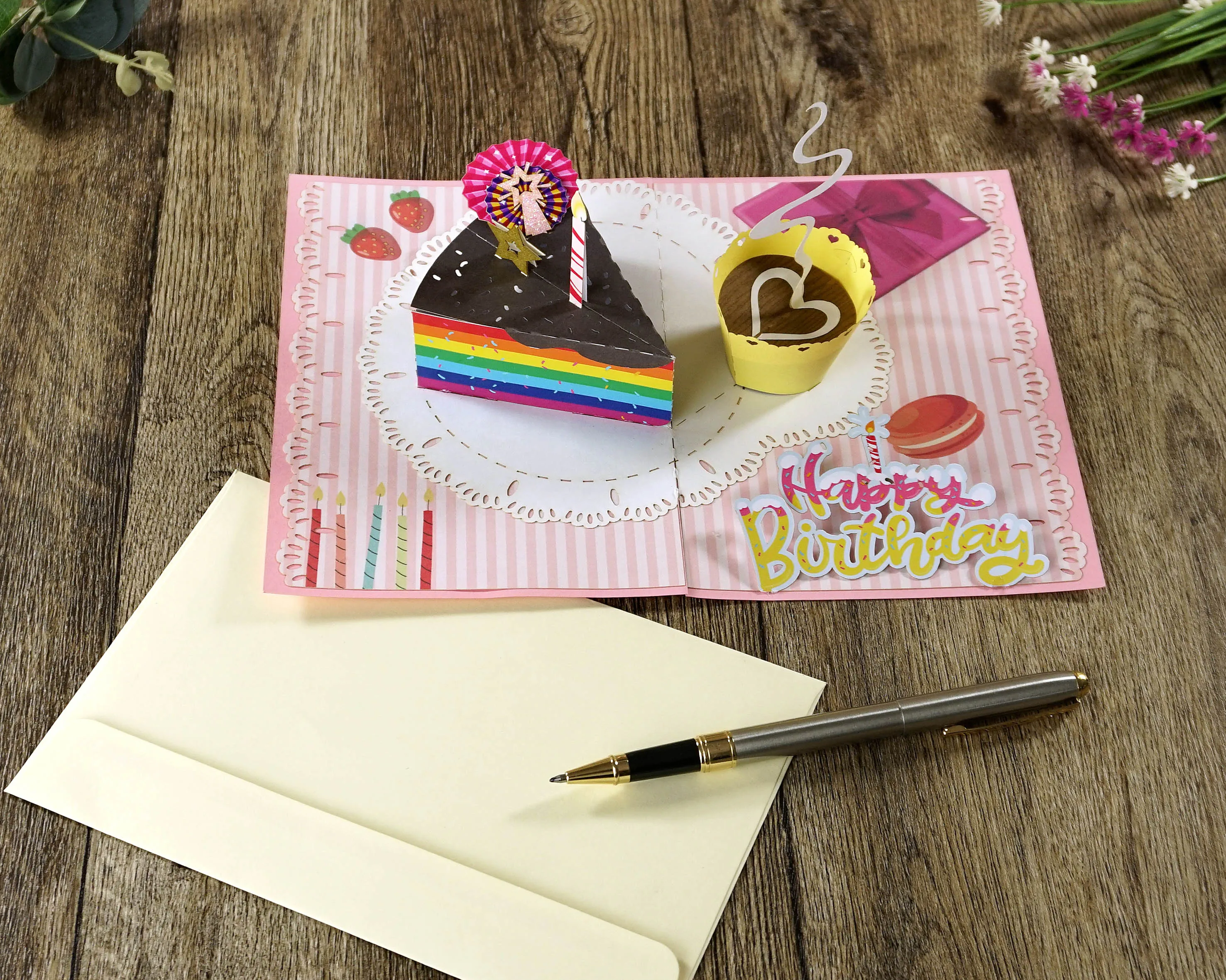 High Quality Paper Art Custom Design Birthday 3D Pop Up Greeting Cards with a Cake lovely to happy birthday 2023