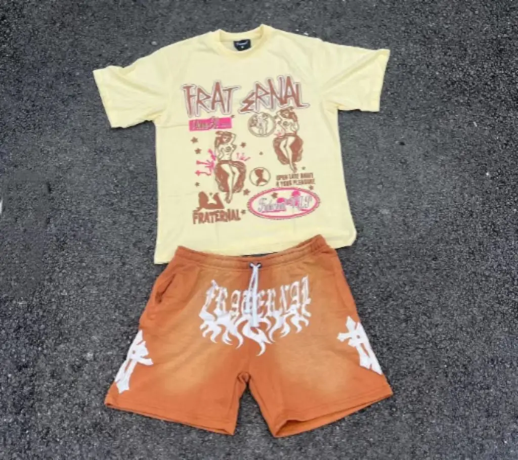 custom streetwear tracksuit cotton acid washed shorts sportswear gym summer jogger 2 piece shorts and t shirt set for men