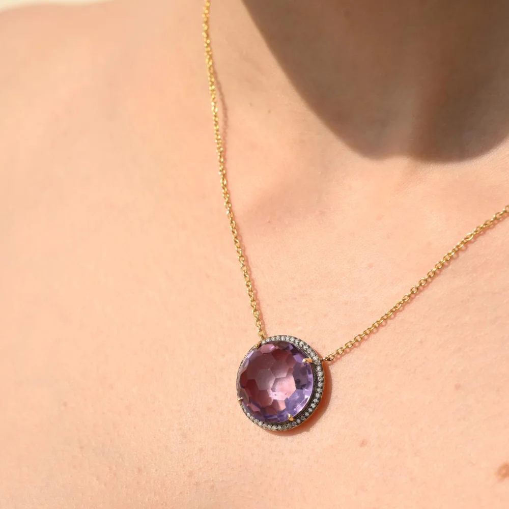 Handmade 100% Natural Round Football Cut Amethyst And Diamond 14K Solid Yellow Gold February Gemstone Necklace Fine Jewelry