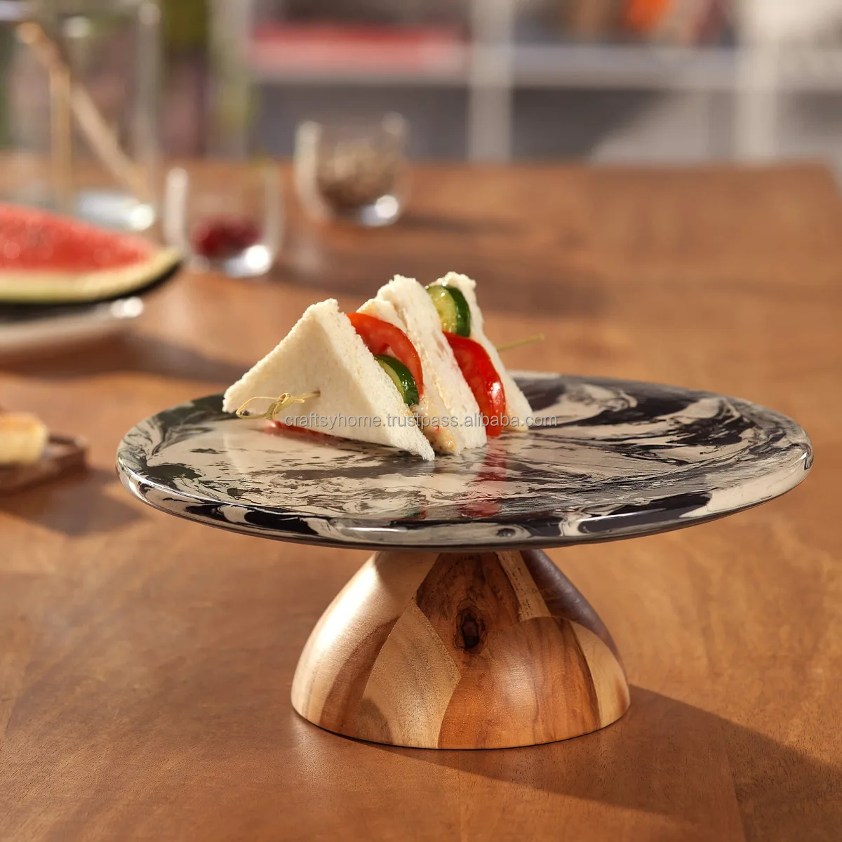 Direct Factory Resin Cake Sweet Serving Lazy Susan Swivel Plate Lazy Susan Rotating Tray Dishes Plates With Wooden Base