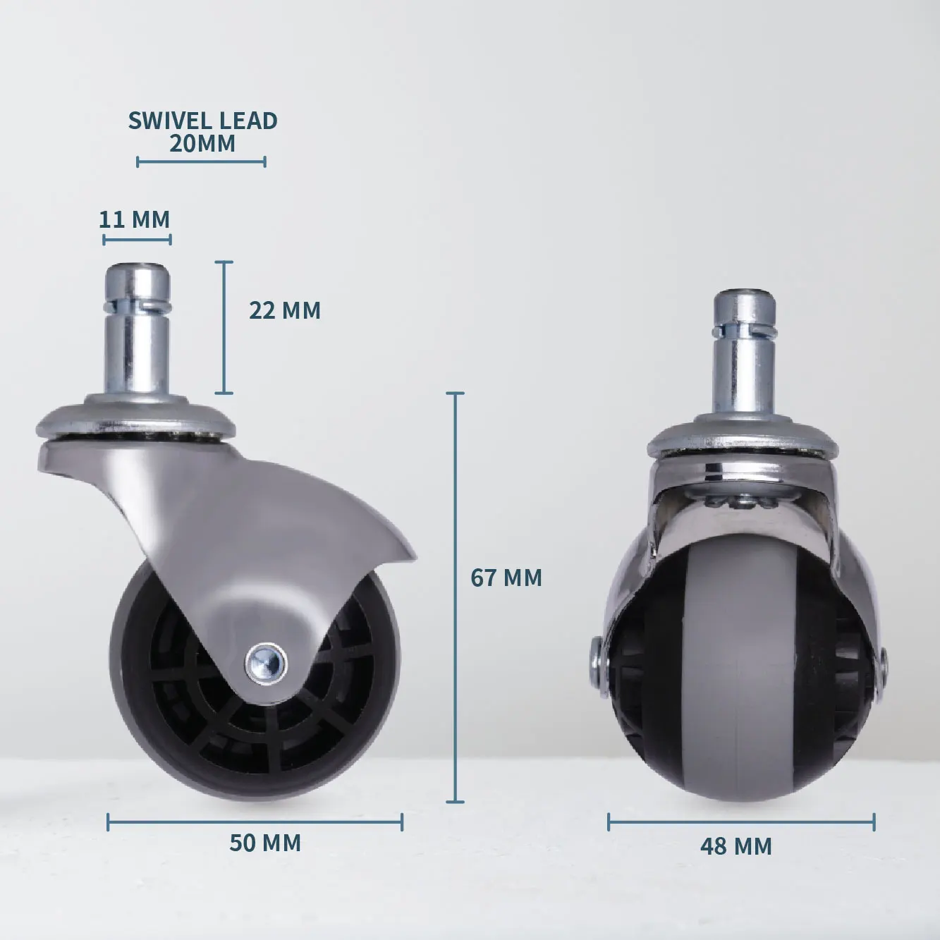 Office Chair Grey Rubber Wheel Ball Casters 2 inch With Universal Stem Size