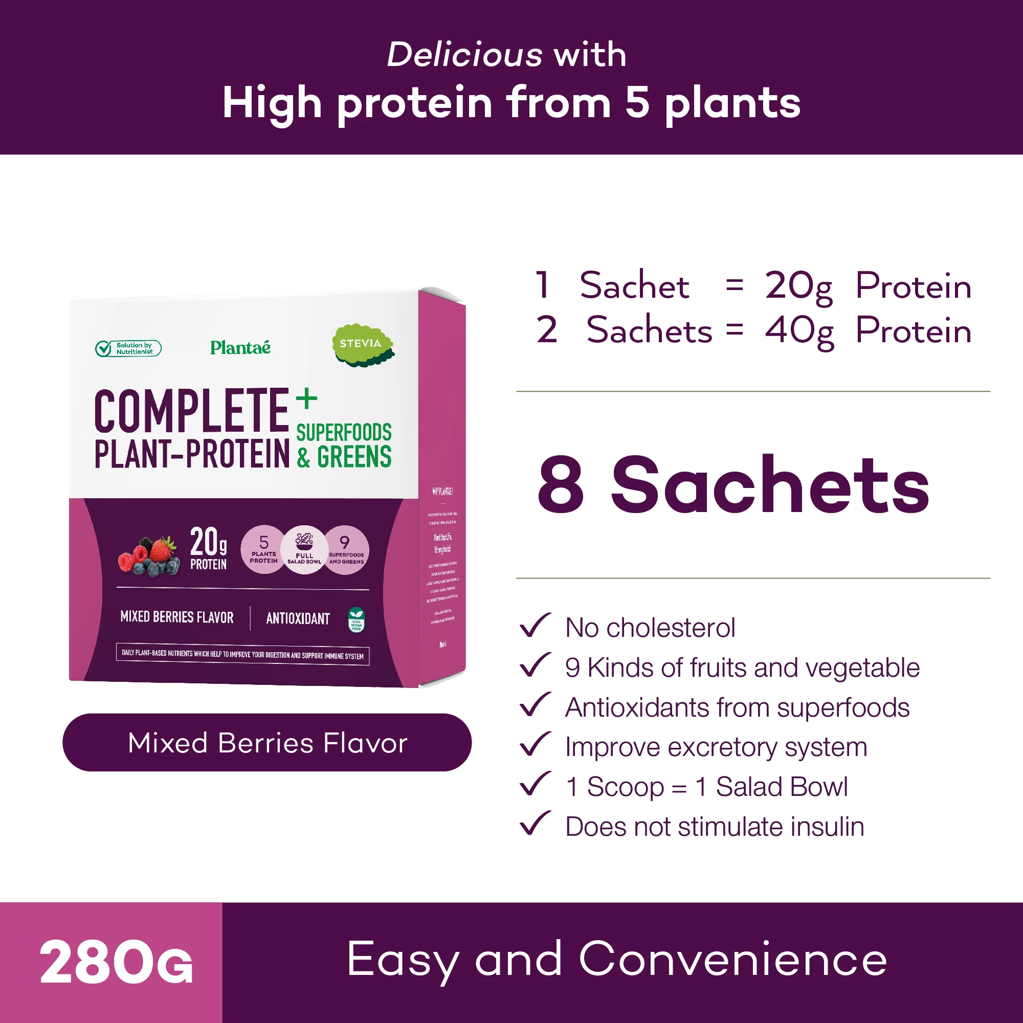 New! Plantae High Quality Premium Grade Complete Plant Protein Plus Superfood & Greens Mixed Berries flavor Box from Thailand
