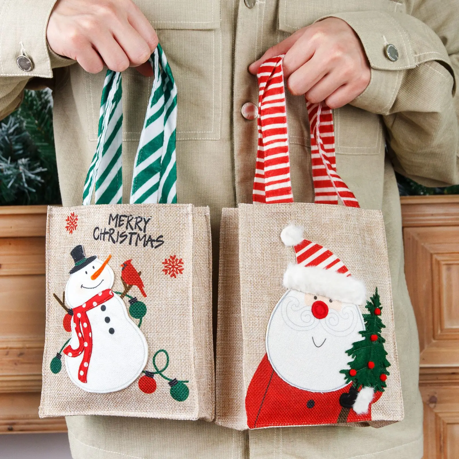 Christmas Burlap Gift Tote Bag Santa Presents Bags Small Christmas Snowman Shopping Gift Goody Jute Bags