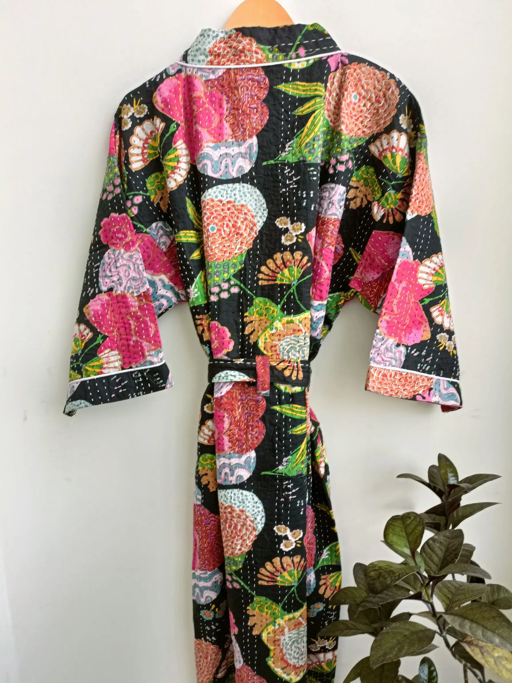 Лучшее качество 100% хлопок черный цветочный принт Kantha одеяло кимоно халат одежда для сна ночная рубашка женщин и мужчин